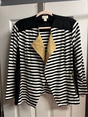 Chico's Black & White Striped Jacket with Cream Trim and Gold Zippers
